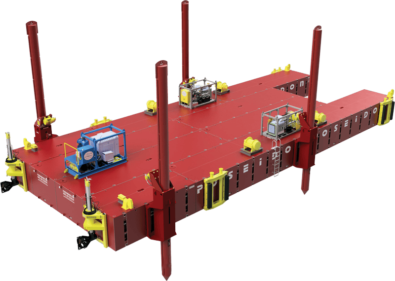 Example Poseidon barge platform with spuds, winches, power units, thrusters, etc.